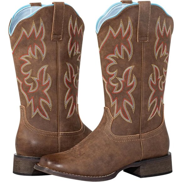 J's.o.l.e Women Brown Cowboy Boot Square Mid Calf Pull On Fashion Embroidered - Picture 9 of 9